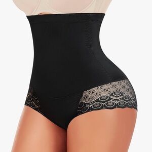 High-Waist Lace-Trim Sculpting Shaper Briefs - Black